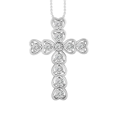 10KT White Gold 1/5 CTW Natural Diamond 18-inch Heart Cross Pendant