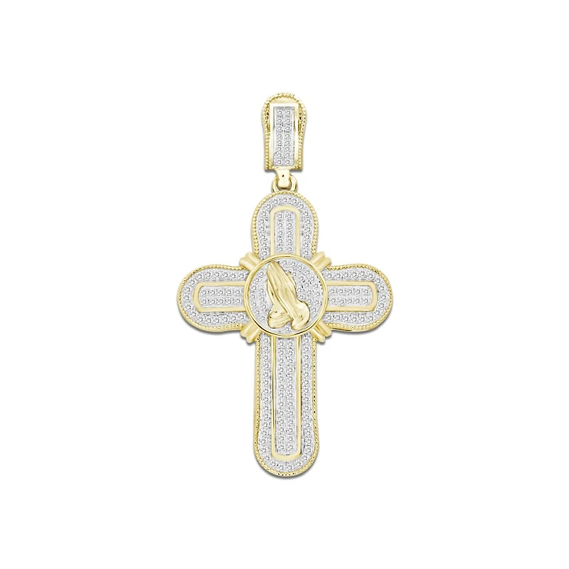 10KT Yellow Gold 1/2 CTW Natural Diamond 47X26MM Praying Hand Cross Charm. Chain not Included