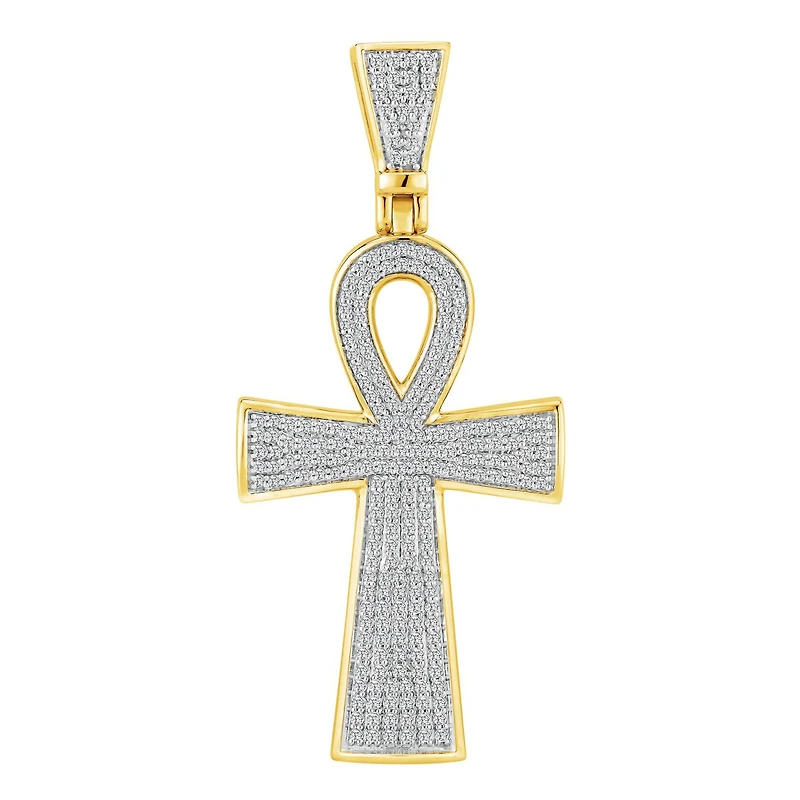 10KT Yellow Gold 1 CTW Natural Diamond 53X24MM Ankh Cross Pendant. Chain Not Included