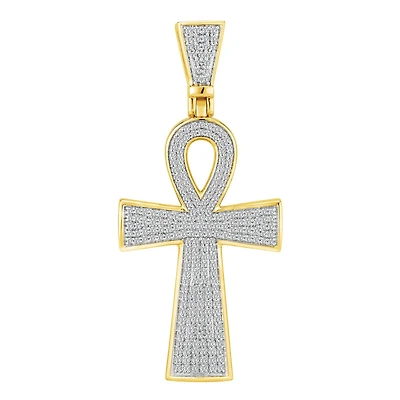 10KT Yellow Gold 1 CTW Natural Diamond 53X24MM Ankh Cross Pendant. Chain Not Included