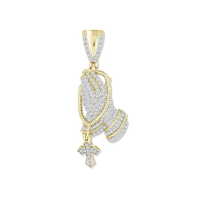 10KT Yellow Gold 1/3 CTW Natural Diamond 39X13MM Praying Hand With Rosary Charm. Chain not Included