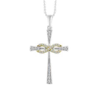 10KT White and Yellow Gold 1/4 CTW Natural Diamond 34X19MM 18-inch Infinity Cross Pendant