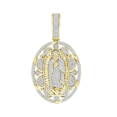 Titán by Adrian Gonzalez 10KT Yellow Gold 1/6 CTW Natural Diamond 32X17MM Guadalupe Medallion Pendant. Chain Not Included