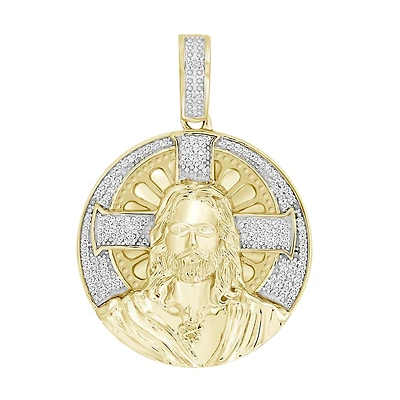 Titán by Adrian Gonzalez 10KT Yellow Gold 1/5 CTW Natural Diamond 34X24MM Jesus Medallion Pendant. Chain Not Included