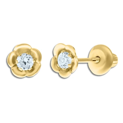 Kiddie Kraft 14KT Yellow Gold Round Cubic Zirconia Childrens Flower Stud Earrings