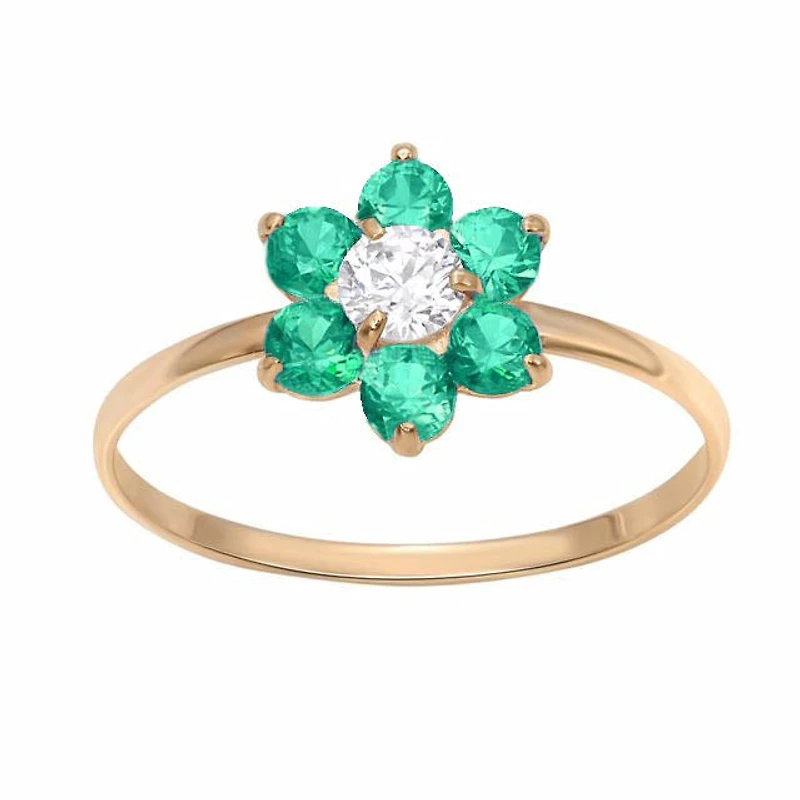 10KT Yellow Gold Emerald Childrens Birthstone Flower Ring; Size 3