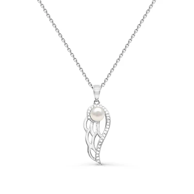 4.5MM Round Pearl and White Sapphire Angel Wings 18-inch Pendant in Sterling Silver