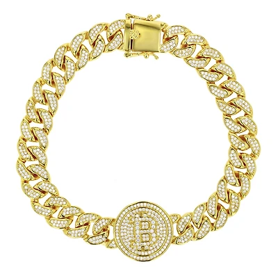 Luxe Layers 14KT Yellow Gold Plated Sterling Silver Cubic Zirconia 8.5-inch 20MM Bitcoin Bracelet