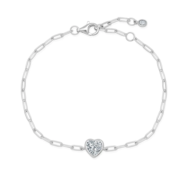 Crislu Platinum Plated Sterling Silver Cubic Zirconia 7.5-inch Heart Paperclip Bracelet