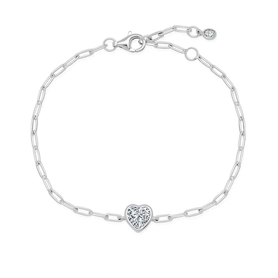 Crislu Platinum Plated Sterling Silver Cubic Zirconia 7.5-inch Heart Paperclip Bracelet