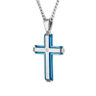 Blue Stainless Steel 1/50 CTW Natural Diamond 60X32MM 24-inch Cross Pendant