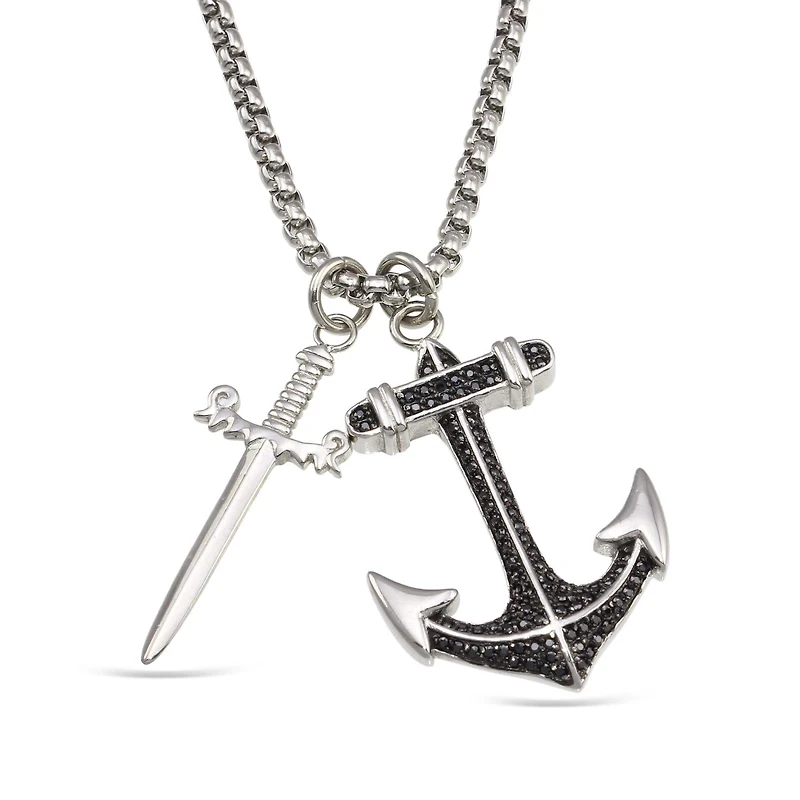 Luxe Layers Stainless Steel Cubic Zirconia 38X25MM 24-inch Cross Anchor Pendant