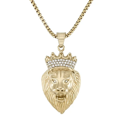 King by Simone I Smith Yellow Stainless Steel and Crystal 40X25MM 24-inch Lion With Crown Pendant