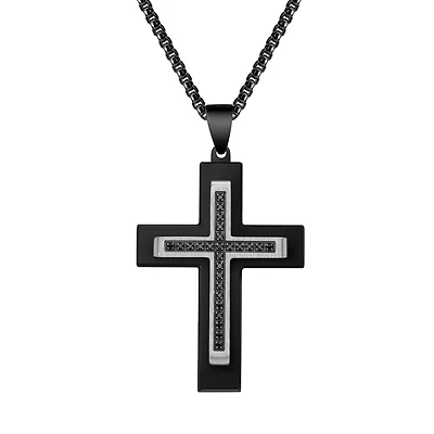 Titán by Adrian Gonzalez Black Stainless Steel 1/4 CTW Natural Diamond 29X40MM 24-inch Cross Pendant