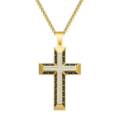 Titán by Adrian Gonzalez Yellow Stainless Steel 1/5 CTW Natural Diamond 32X48MM 24-inch Carbon Fiber Cross Pendant
