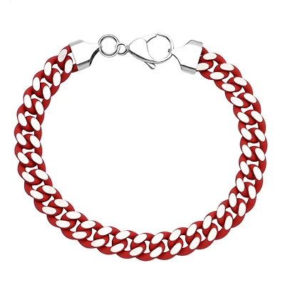 Stainless Steel 8.25-inch 9.5MM Curb Red Enamel Rubber Coating Bracelet