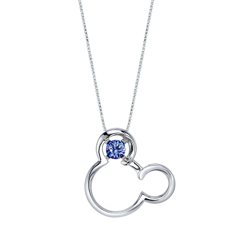 Disney Sterling Silver Round Crystal 18-inch Birthstone Mickey Mouse Pendant
