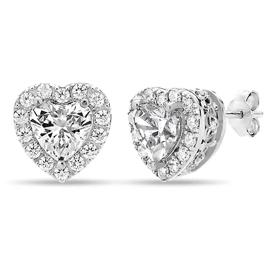 Sterling Silver 6MM Heart Shape Cubic Zirconia Halo Stud Earrings