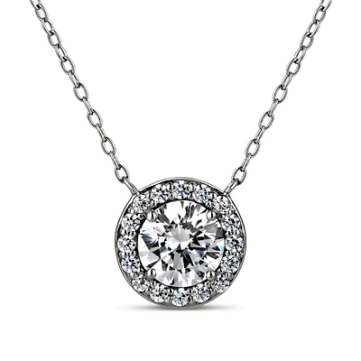 Sterling Silver 7MM Round Cubic Zirconia 18-inch Halo Pendant