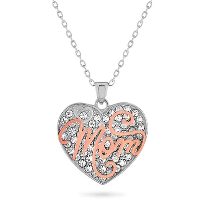 18KT Rose Gold Plated Sterling Silver and Crystal 18-inch Mom Pendant