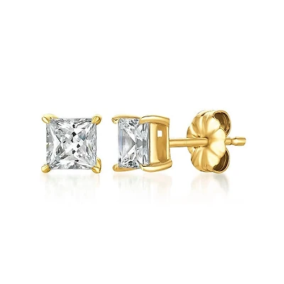 Crislu 18KT Yellow Gold Plated Sterling Silver Princess Cut Cubic Zirconia Stud Earrings