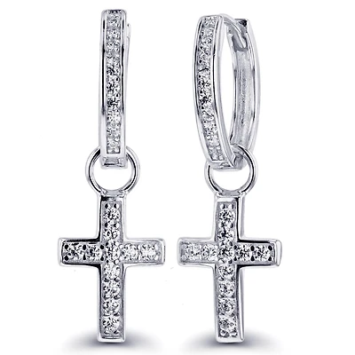 Luxe Layers Rhodium Plated Sterling Silver Round Cubic Zirconia 9X30MM Cross Hoop Drop & Dangle Earrings