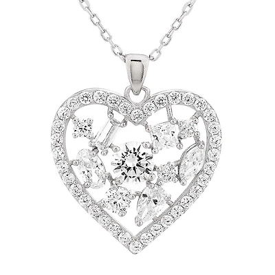 Rhodium Plated Sterling Silver Cubic Zirconia 18-inch Heart Pendant