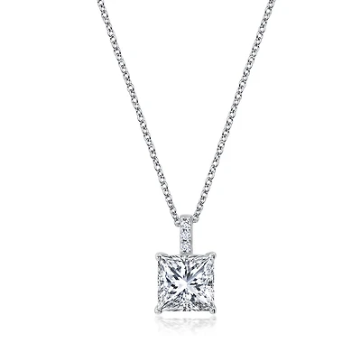 Crislu Platinum Plated Sterling Silver Princess Cut Cubic Zirconia Solitaire 16-18-inch Pendant