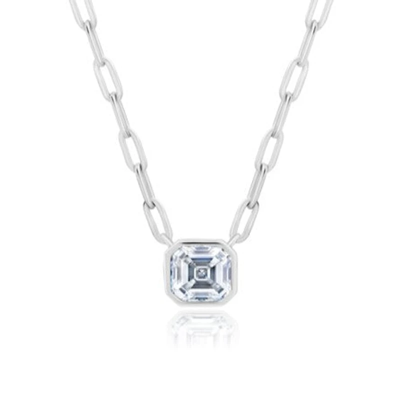 Crislu Platinum Plated Sterling Silver Asscher Cubic Zirconia Solitaire 16-18-inch Pendant