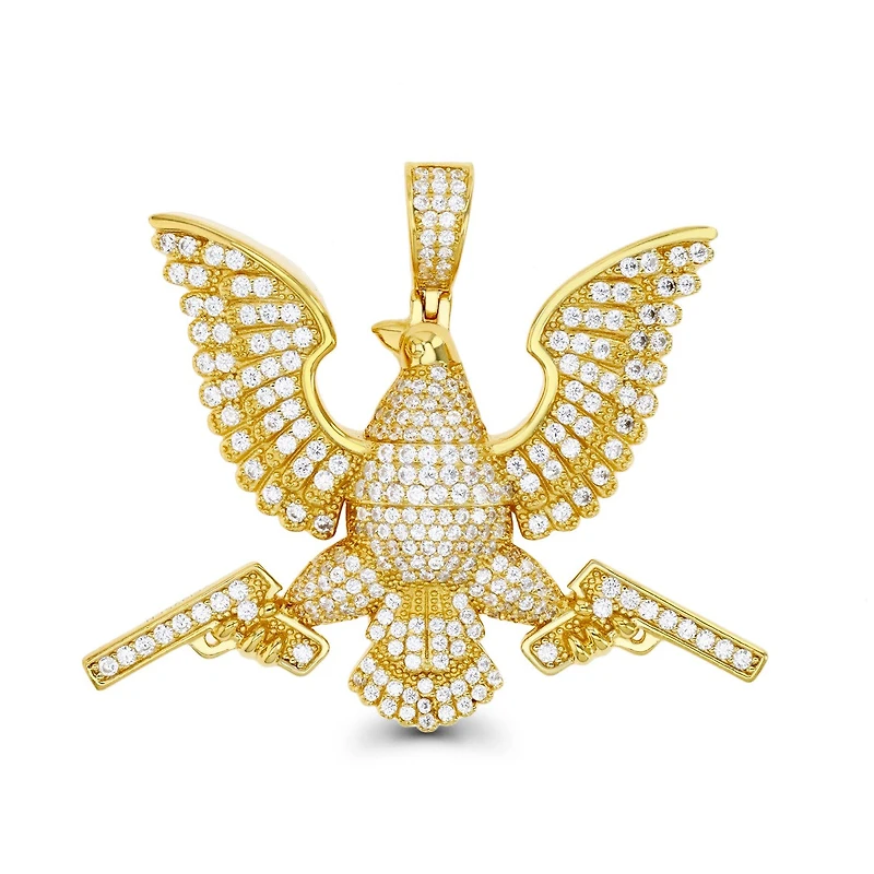 14KT Gold Plated Sterling Silver Cubic Zirconia 42X51MM Eagle Charm. Chain not Included