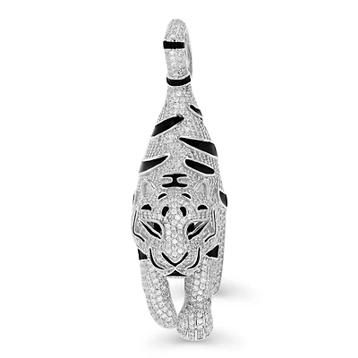 Luxe Layers Sterling Silver Cubic Zirconia 63X19MM Black Enamel Tiger Pendant. Chain Not Included