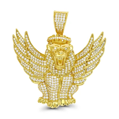 Luxe Layers 14KT Yellow Gold Plated Sterling Silver Cubic Zirconia 51X48MM Lion with Crown and Wings Pendant. Chain Not Included