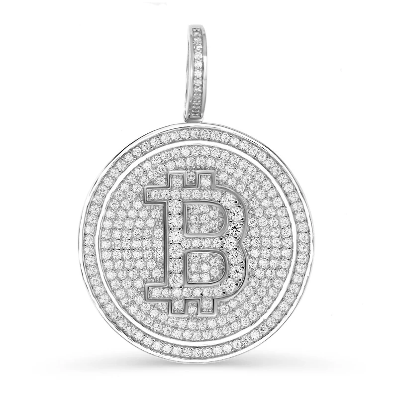 Luxe Layers Sterling Silver Cubic Zirconia 30MM Bitcoin Pendant. Chain Not Included