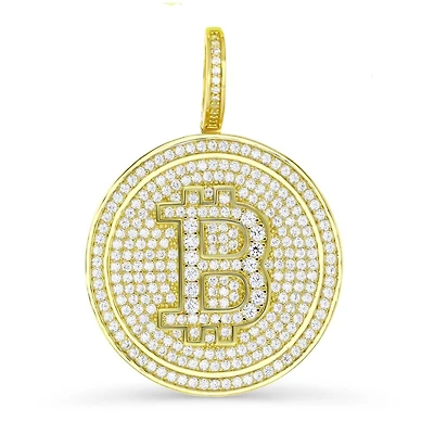 Luxe Layers 14KT Yellow Gold Plated Sterling Silver Cubic Zirconia 30MM Bitcoin Pendant. Chain Not Included