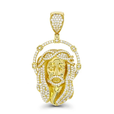 Luxe Layers 14KT Yellow Gold Plated Sterling Silver Cubic Zirconia 60X30MM Religious Christ Head Pendant. Chain Not Included