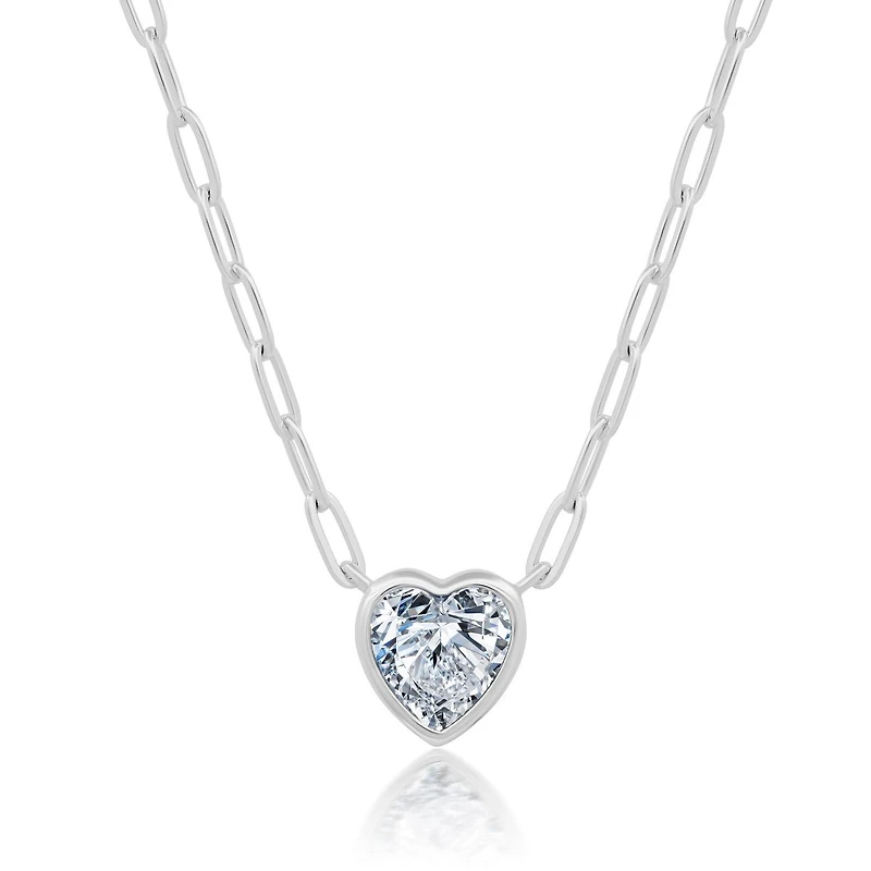Crislu Platinum Plated Sterling Silver Cubic Zirconia 18-inch Heart Paperclip Chain Necklace