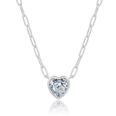 Crislu Platinum Plated Sterling Silver Cubic Zirconia 18-inch Heart Paperclip Chain Necklace