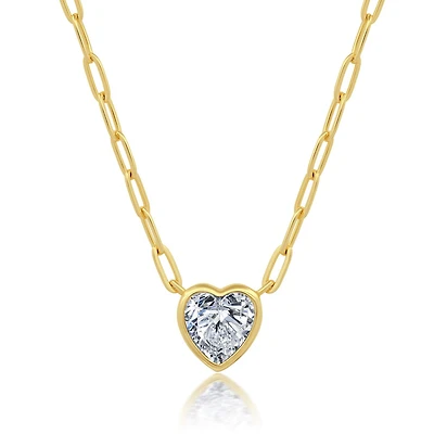 Crislu 18KT Yellow Gold Plated Sterling Silver Cubic Zirconia 18-inch Heart Paperclip Chain Necklace