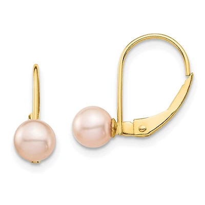 5MM Round Pearl Leverback Earrings in 14KT Yellow Gold