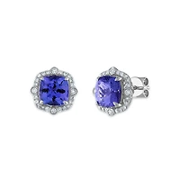 7MM Cushion Tanzanite and Diamond Halo Stud Earrings in 14KT White Gold