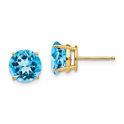 8MM Round Swiss Blue Topaz Stud Earrings in 14KT Yellow Gold