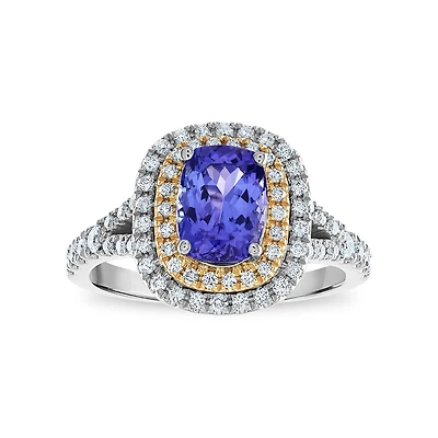 8X6MM Cushion Tanzanite and Diamond Halo Ring in 10KT White and Rose Gold