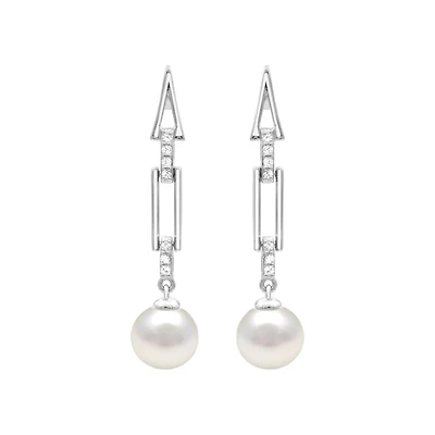 8.5X9MM Round Pearl and White Sapphire Drop & Dangle Earrings in Sterling Silver