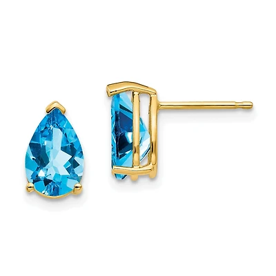 9X6MM Pear Swiss Blue Topaz Stud Earrings in 14KT Yellow Gold