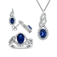 Blue and White Sapphire Ring Pendant Earrings Set in Sterling Silver