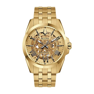 Bulova Watch with 43MM Open Face Skeleton Round Dial and Stainless Steel Bracelet. 97A162