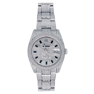 Pre-Owned Rolex Silvertone Stainless Steel Datejust with 36X36 MM Silvertone Diamond Dial. Pave Diamond