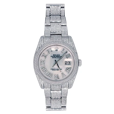 Pre-Owned Rolex Silvertone Stainless Steel Datejust with 36X36 MM Silvertone Diamond Dial. Pave Diamond