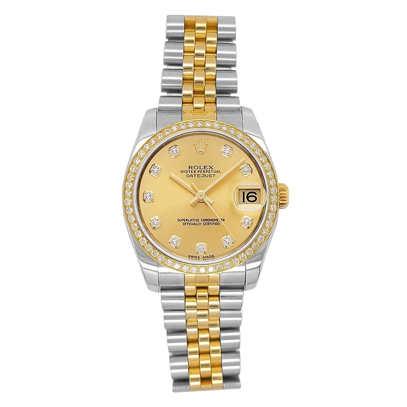 Pre-Owned Rolex Diamond Accent Oyster Perpetual Datejust with 36X36 MM Champagne Round Dial Steel & 18K Yellow Gold Jubilee. With Hidden Buckle