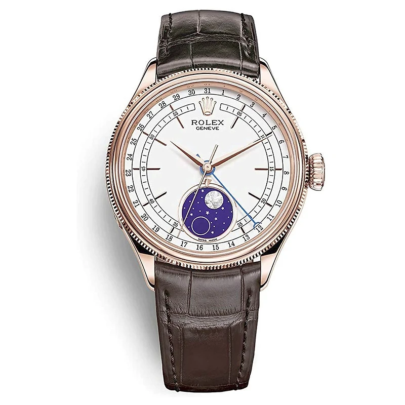 Pre-Owned Rolex Brown Leather with 39X39 MM White Round Dial. Moonphase